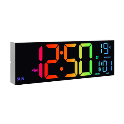 Horloge murale numérique 16" grande, grand affichage LED avec télécommande, 8 couleurs RGB, alarme, changement d’heure été/hiver (DST), température, pour salon et cuisine.