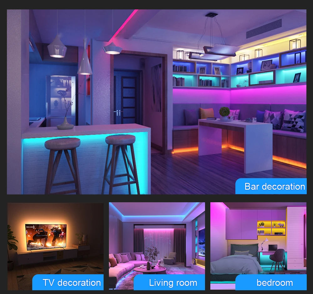 Bande LED RGB avec synchronisation musicale, changement de couleur, micro intégré sensible, éclairage LED contrôlé via application, DC 12V, flexible.