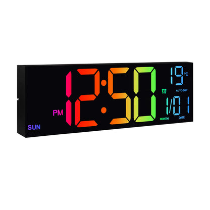 Horloge murale numérique 16" grande, grand affichage LED avec télécommande, 8 couleurs RGB, alarme, changement d’heure été/hiver (DST), température, pour salon et cuisine.