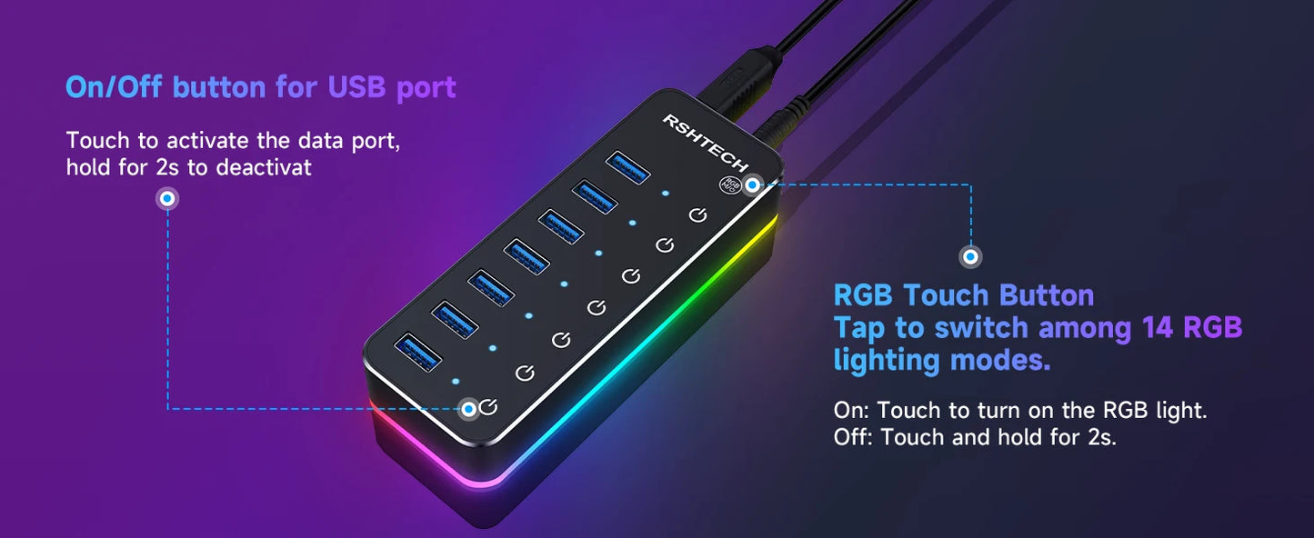 RSHTECH – Hub USB 3.0 RGB avec 7 ports, répartiteur de données 5 Gbps et 14 modes d’éclairage, pour ordinateur, PC portable et accessoires.
