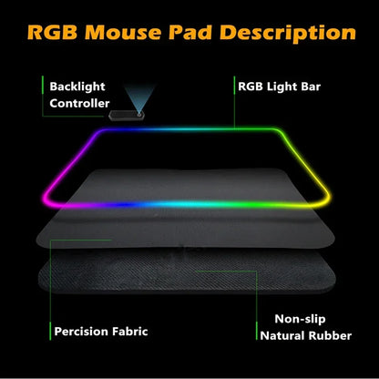 Tapis de souris gaming RGB noir pur antidérapant pour PC et portable, grand tapis pour clavier, tapis de bureau en caoutchouc avec LED pour jeux ou usage bureau.