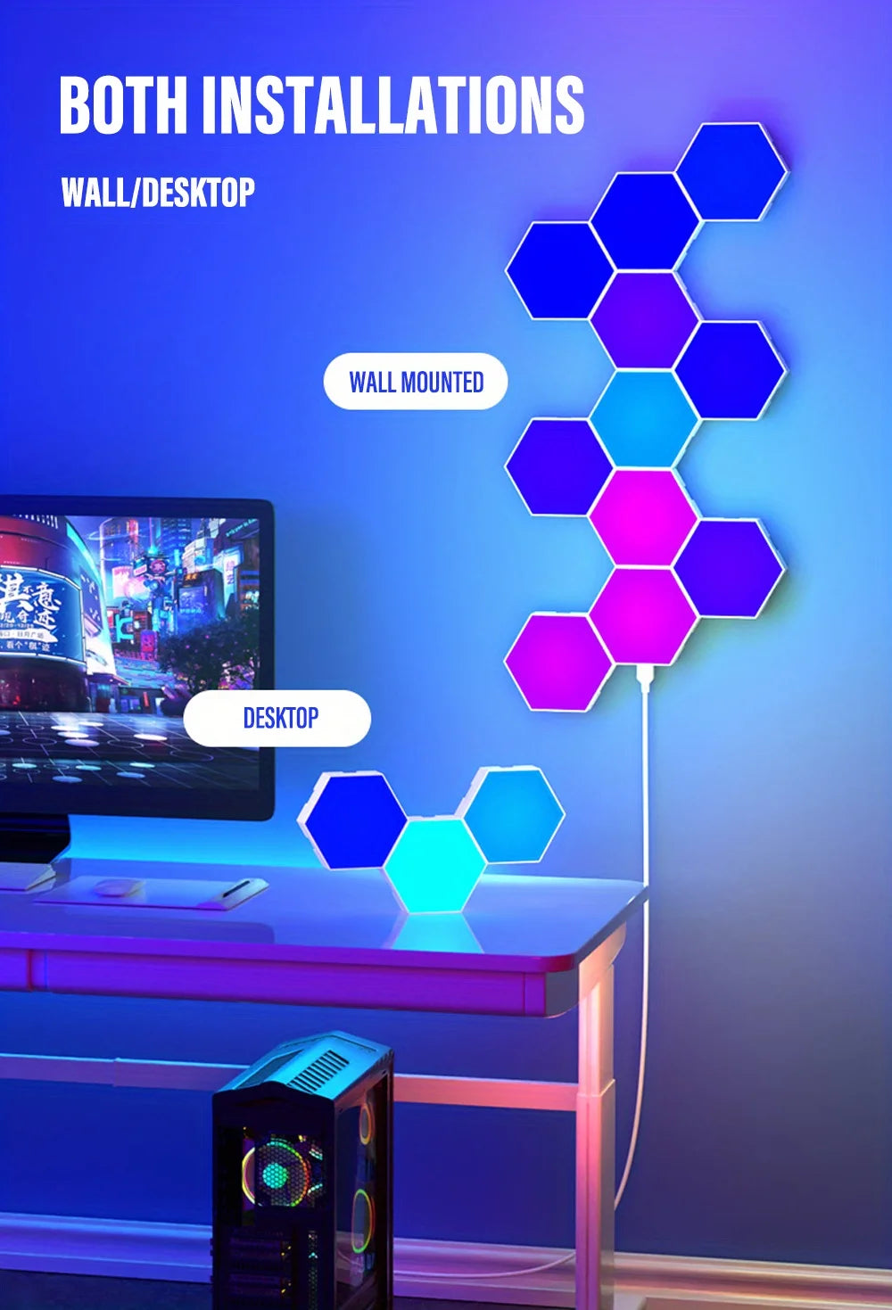 Lampe murale hexagonale intelligente RGB, lumière d’ambiance changeant de couleur, forme DIY, synchronisée avec la musique, contrôle via application pour chambre ou salle de jeu