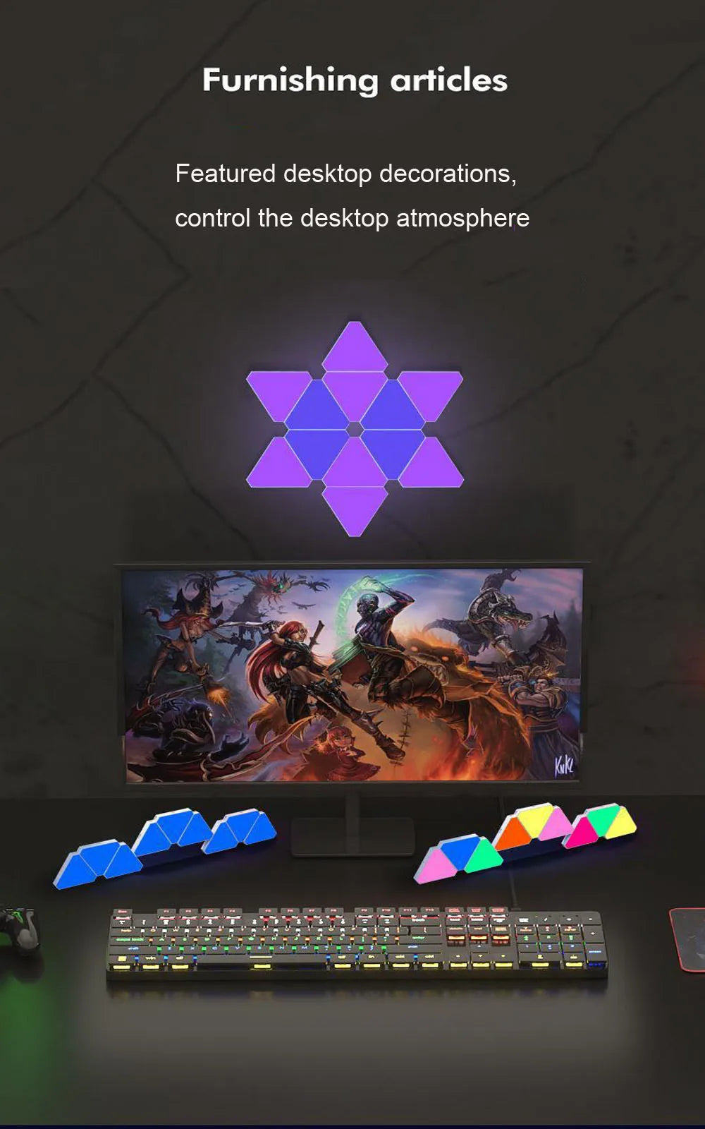 Lampe Murale Triangulaire LED RGB – Lampe Quantique Intelligente Éclairage d’Ambiance avec Réaction au Rythme – Lumière de Fond pour Chambre, Chevet, Bureau, Décoration