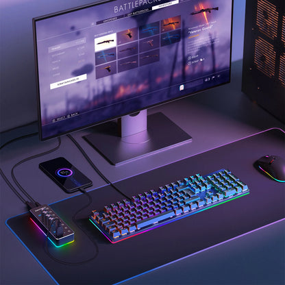 RSHTECH – Hub USB 3.0 RGB avec 7 ports, répartiteur de données 5 Gbps et 14 modes d’éclairage, pour ordinateur, PC portable et accessoires.