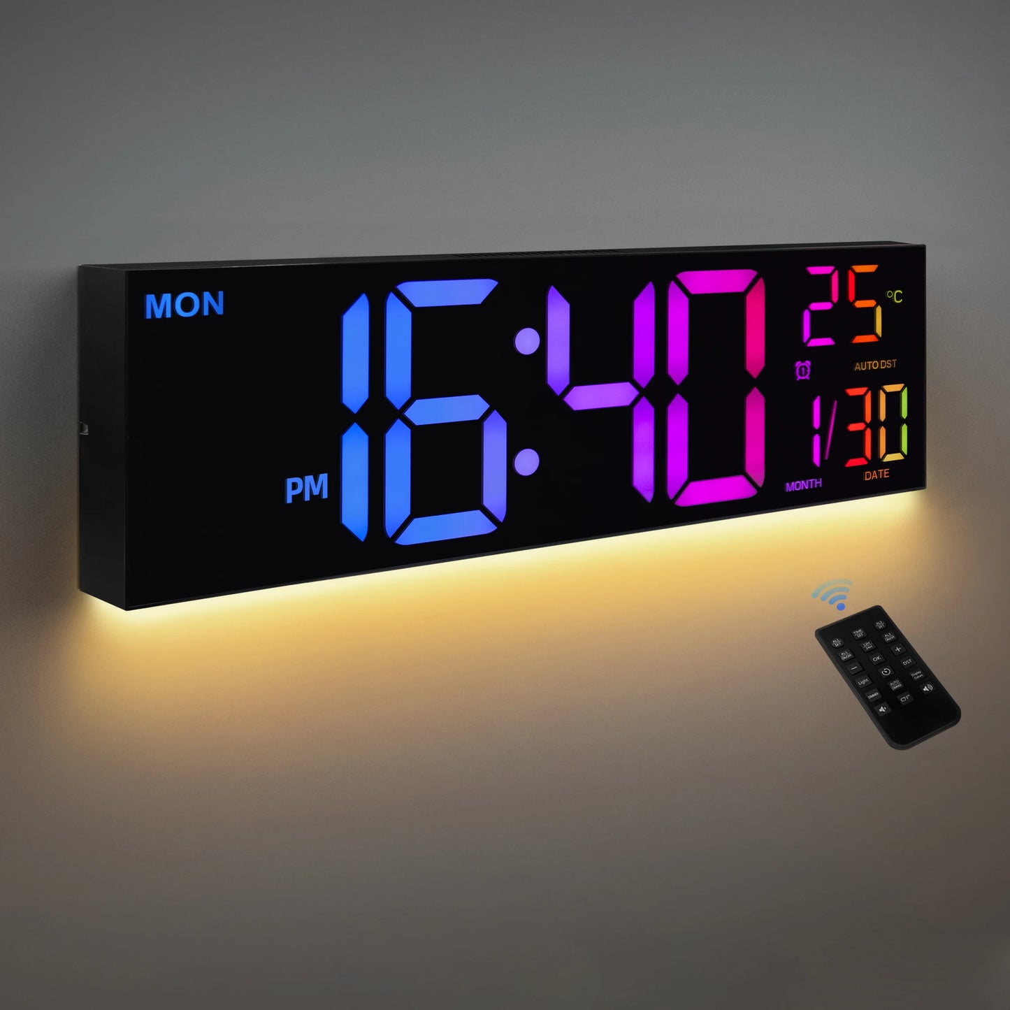 Horloge murale numérique 16" grande, grand affichage LED avec télécommande, 8 couleurs RGB, alarme, changement d’heure été/hiver (DST), température, pour salon et cuisine.