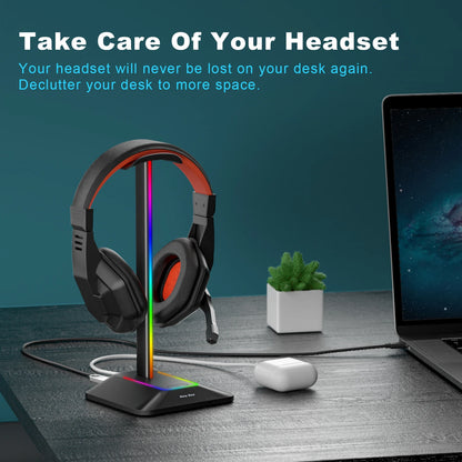 Support de casque RGB New Bee Z8, support bureau pour casque gaming avec 2 ports USB, affichage lumineux stylé et base en caoutchouc antidérapante pour gamer.