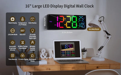 Horloge murale numérique 16" grande, grand affichage LED avec télécommande, 8 couleurs RGB, alarme, changement d’heure été/hiver (DST), température, pour salon et cuisine.