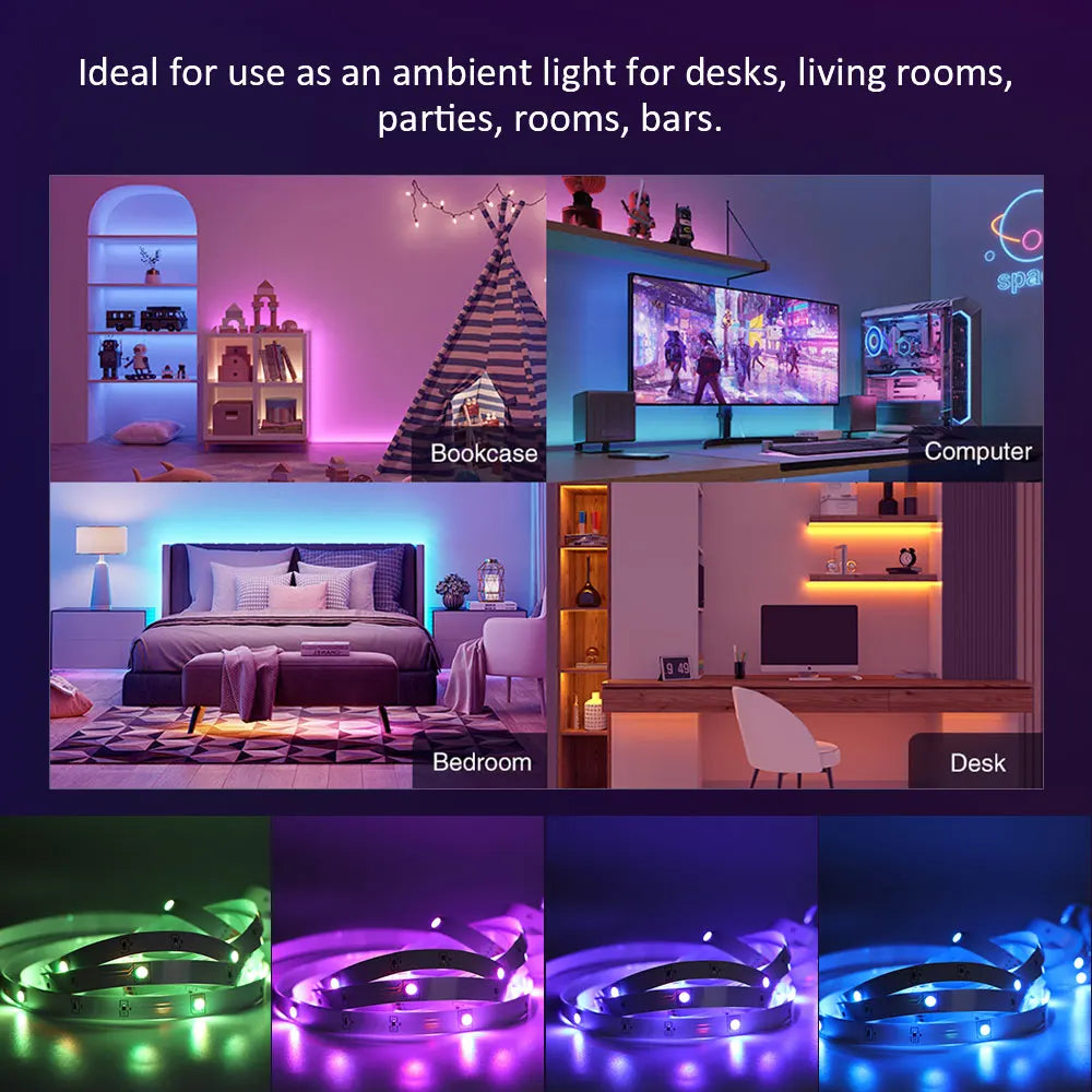 Bande LED RGB avec synchronisation musicale, changement de couleur, micro intégré sensible, éclairage LED contrôlé via application, DC 12V, flexible.