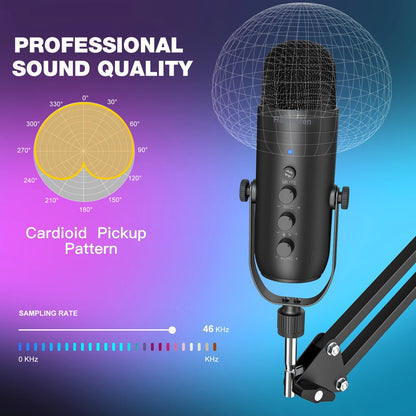 Haomuren – Microphone professionnel USB pour streaming et podcast sur PC, kit de micro à condensateur cardioïde avec bras articulé pour l’enregistrement.
