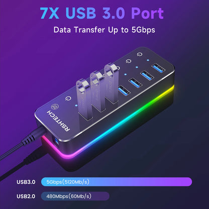 RSHTECH – Hub USB 3.0 RGB avec 7 ports, répartiteur de données 5 Gbps et 14 modes d’éclairage, pour ordinateur, PC portable et accessoires.
