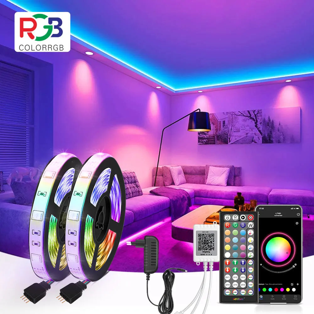 Bande LED RGB avec synchronisation musicale, changement de couleur, micro intégré sensible, éclairage LED contrôlé via application, DC 12V, flexible.