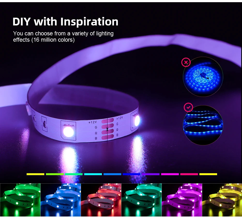 Bande LED RGB avec synchronisation musicale, changement de couleur, micro intégré sensible, éclairage LED contrôlé via application, DC 12V, flexible.