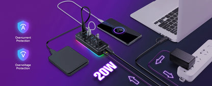 RSHTECH – Hub USB 3.0 RGB avec 7 ports, répartiteur de données 5 Gbps et 14 modes d’éclairage, pour ordinateur, PC portable et accessoires.