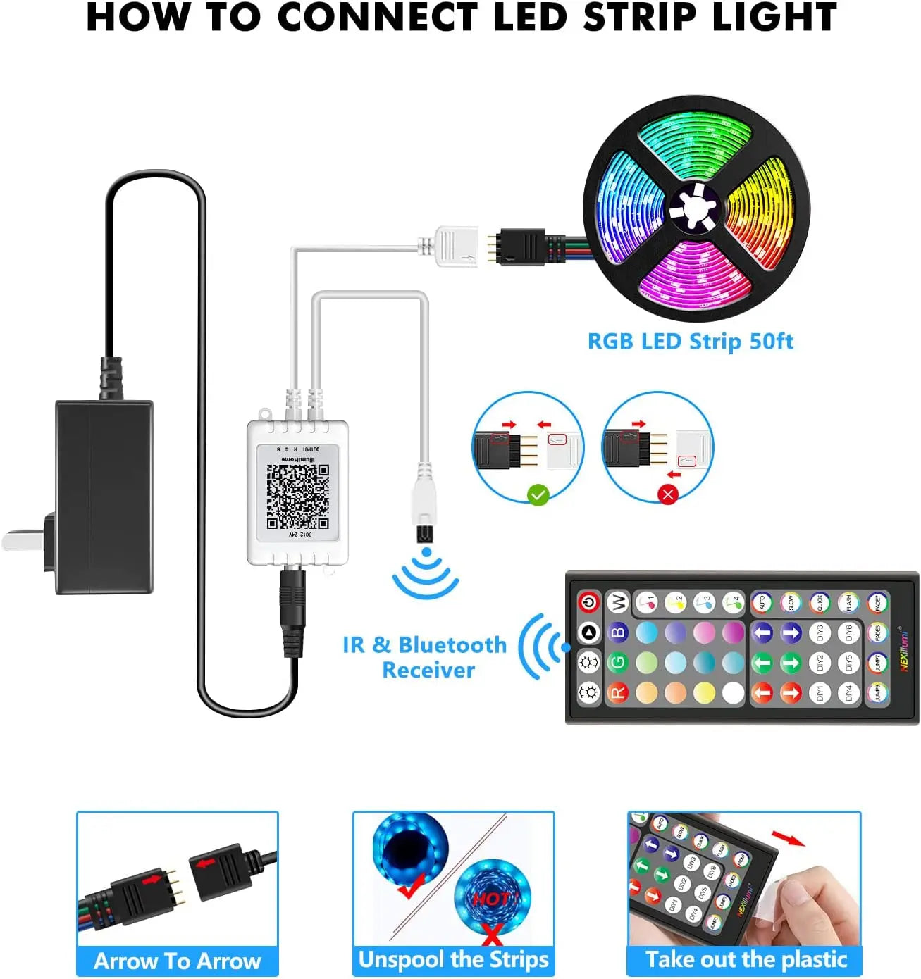 Bande LED RGB avec synchronisation musicale, changement de couleur, micro intégré sensible, éclairage LED contrôlé via application, DC 12V, flexible.