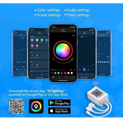 Bande LED RGB avec synchronisation musicale, changement de couleur, micro intégré sensible, éclairage LED contrôlé via application, DC 12V, flexible.