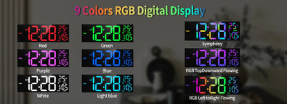 Horloge murale numérique 16" grande, grand affichage LED avec télécommande, 8 couleurs RGB, alarme, changement d’heure été/hiver (DST), température, pour salon et cuisine.