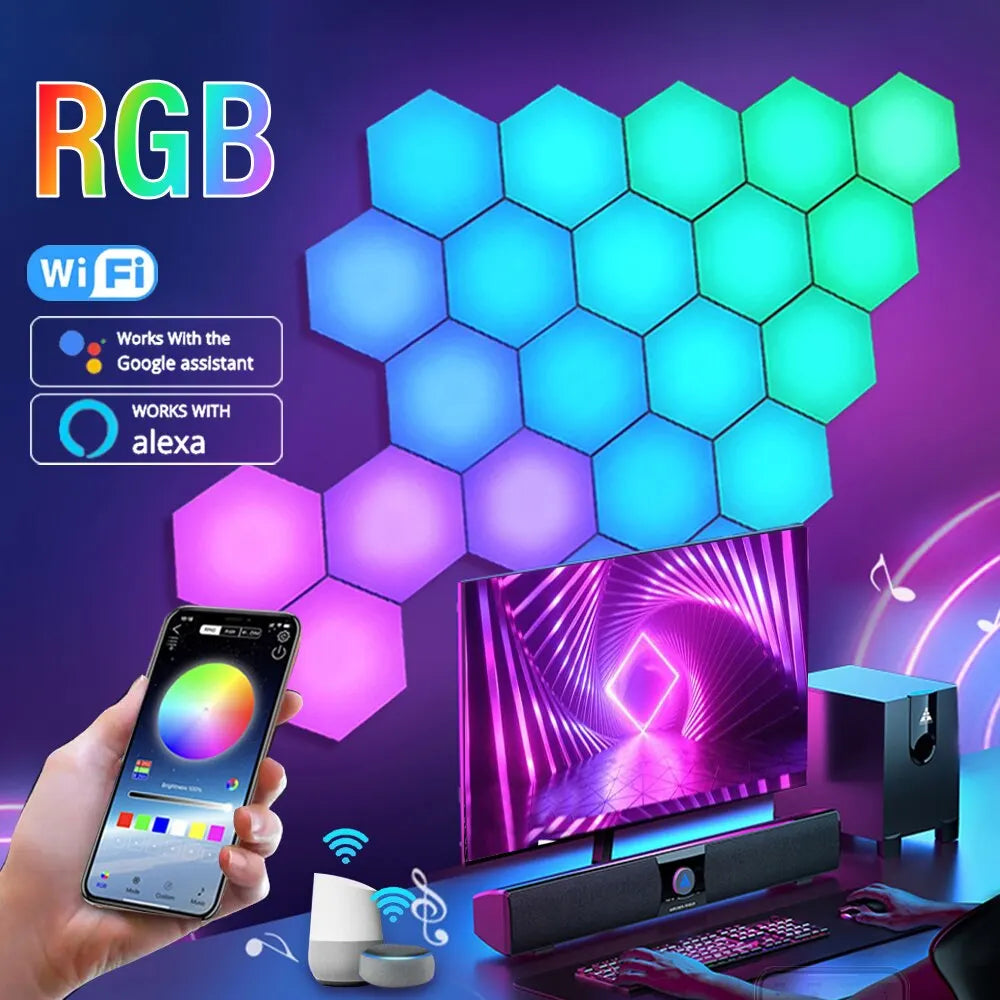 Lampe murale hexagonale intelligente RGB, lumière d’ambiance changeant de couleur, forme DIY, synchronisée avec la musique, contrôle via application pour chambre ou salle de jeu