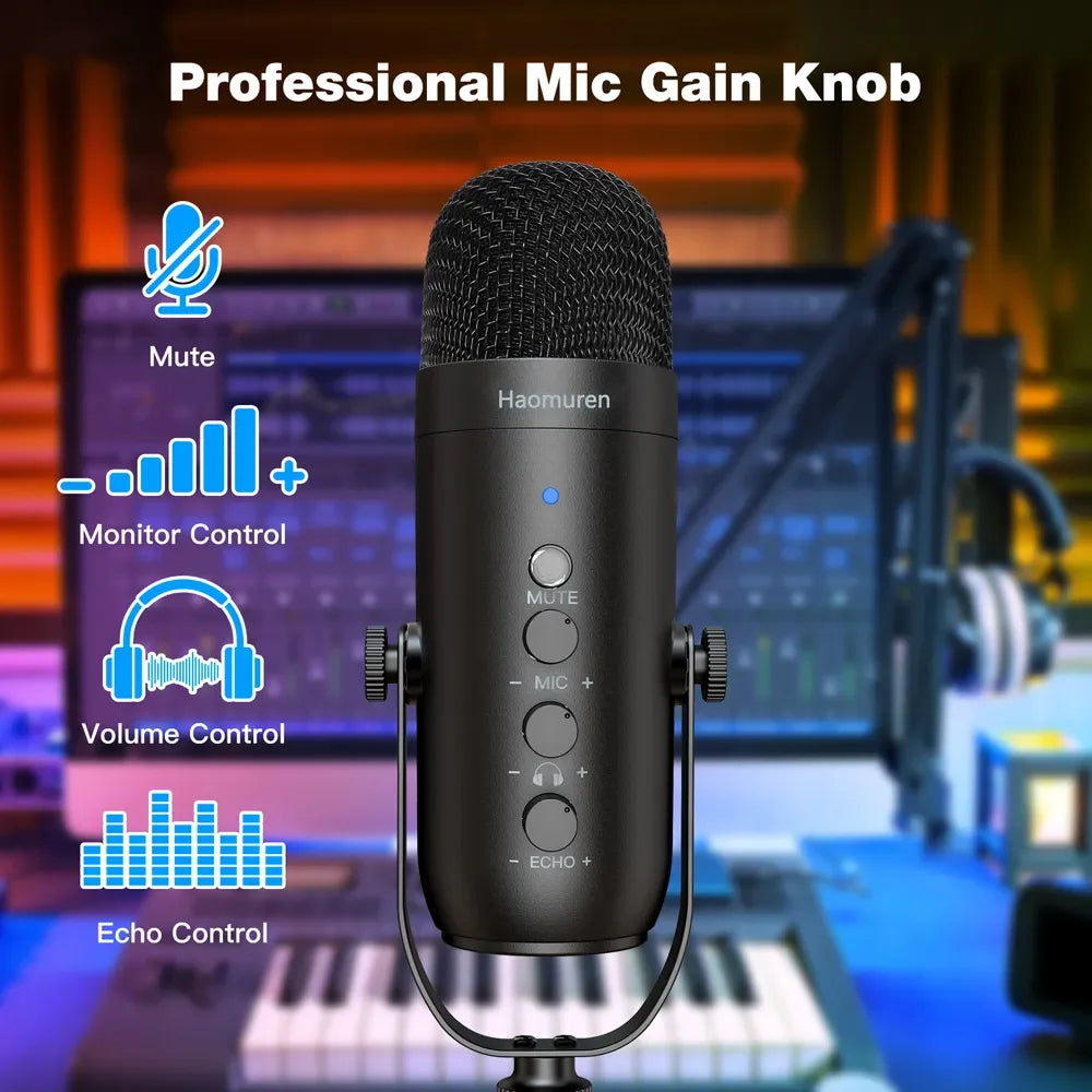 Haomuren – Microphone professionnel USB pour streaming et podcast sur PC, kit de micro à condensateur cardioïde avec bras articulé pour l’enregistrement.