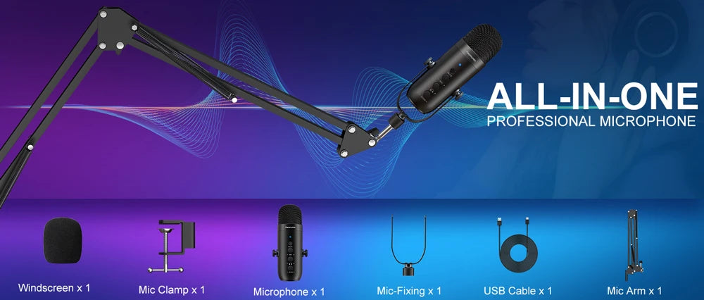 Haomuren – Microphone professionnel USB pour streaming et podcast sur PC, kit de micro à condensateur cardioïde avec bras articulé pour l’enregistrement.