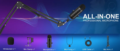 Haomuren – Microphone professionnel USB pour streaming et podcast sur PC, kit de micro à condensateur cardioïde avec bras articulé pour l’enregistrement.