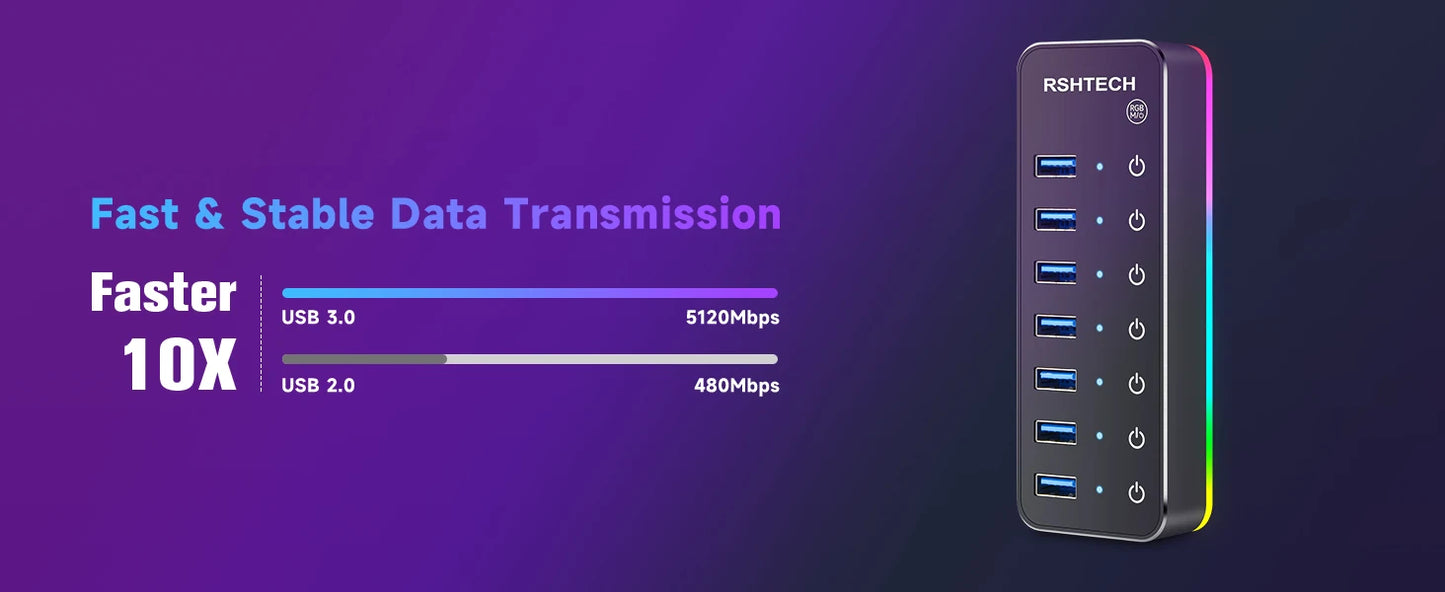 RSHTECH – Hub USB 3.0 RGB avec 7 ports, répartiteur de données 5 Gbps et 14 modes d’éclairage, pour ordinateur, PC portable et accessoires.