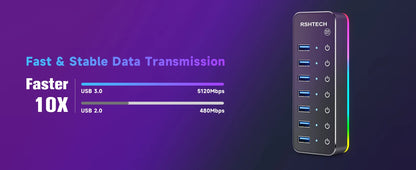 RSHTECH – Hub USB 3.0 RGB avec 7 ports, répartiteur de données 5 Gbps et 14 modes d’éclairage, pour ordinateur, PC portable et accessoires.