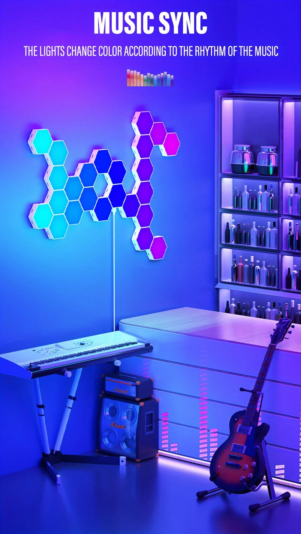 Lampe murale hexagonale intelligente RGB, lumière d’ambiance changeant de couleur, forme DIY, synchronisée avec la musique, contrôle via application pour chambre ou salle de jeu